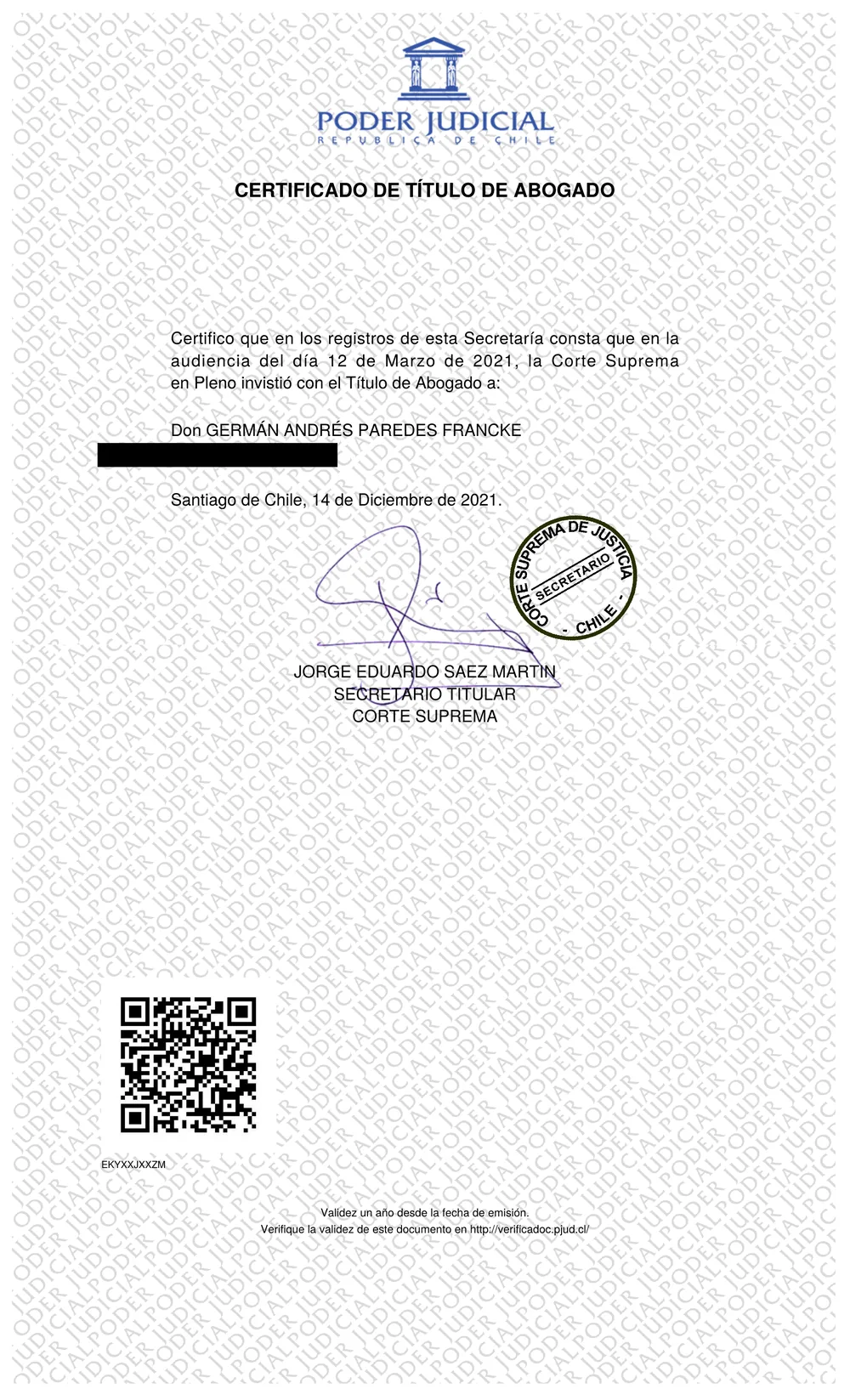 Certificado de Título de Abogado, Poder Judicial de Chile