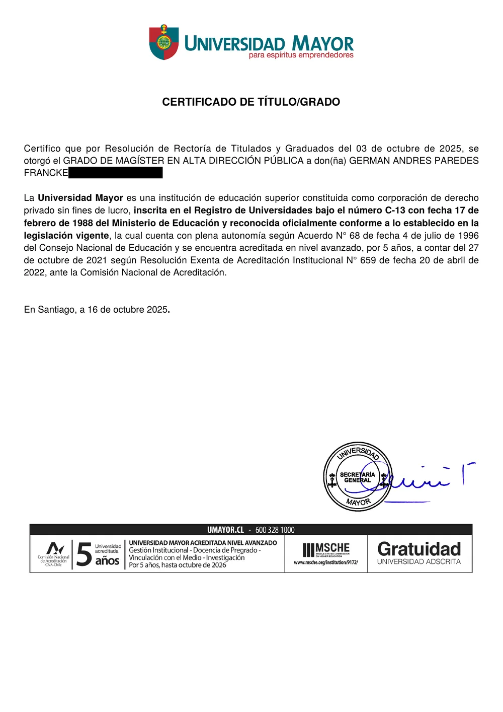 Certificado de Grado de Magíster en Alta Dirección Pública, Universidad Mayor